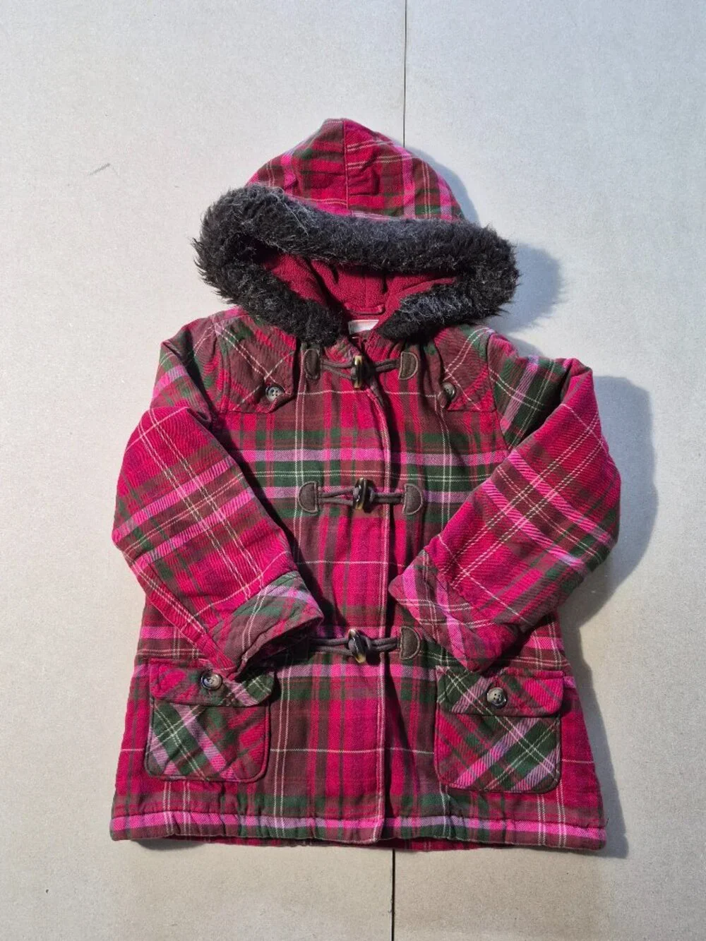 Gymboree Plaid Toggle Hooded Jacket 5-6 Girls Alpine Sweetie Faux Fur Coat